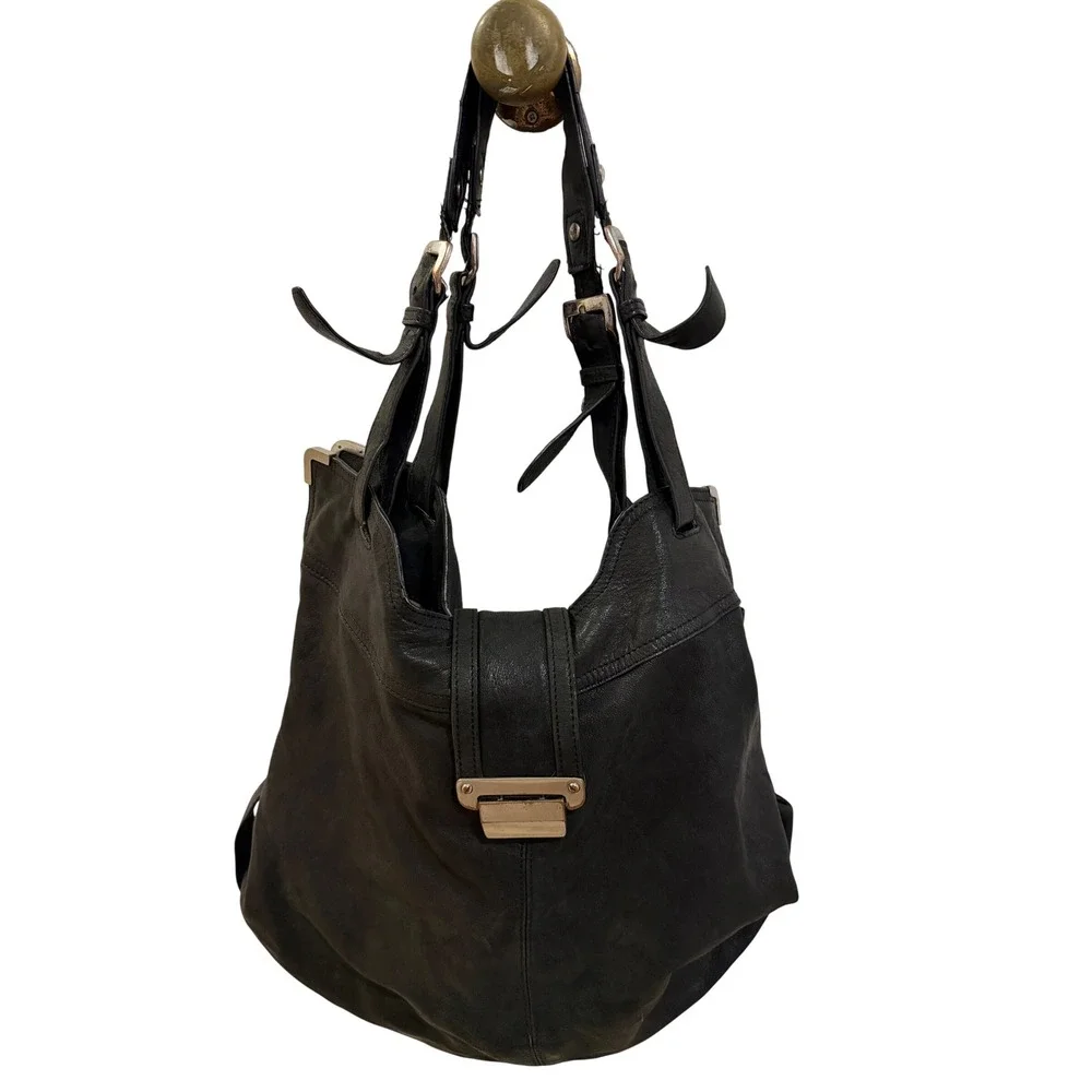 Vintage Kooba Natasha Leather Convertible Tote Hobo Bag Black Y2K Buckle Straps